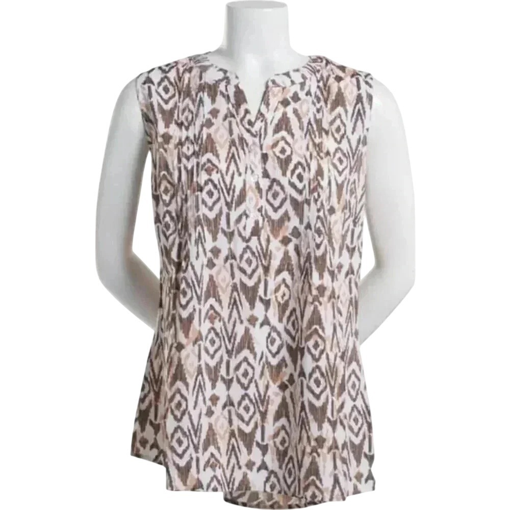 Notations Brown Sleeveless Top, Geometric Pattern, V Neck Casual Blouse M NWT